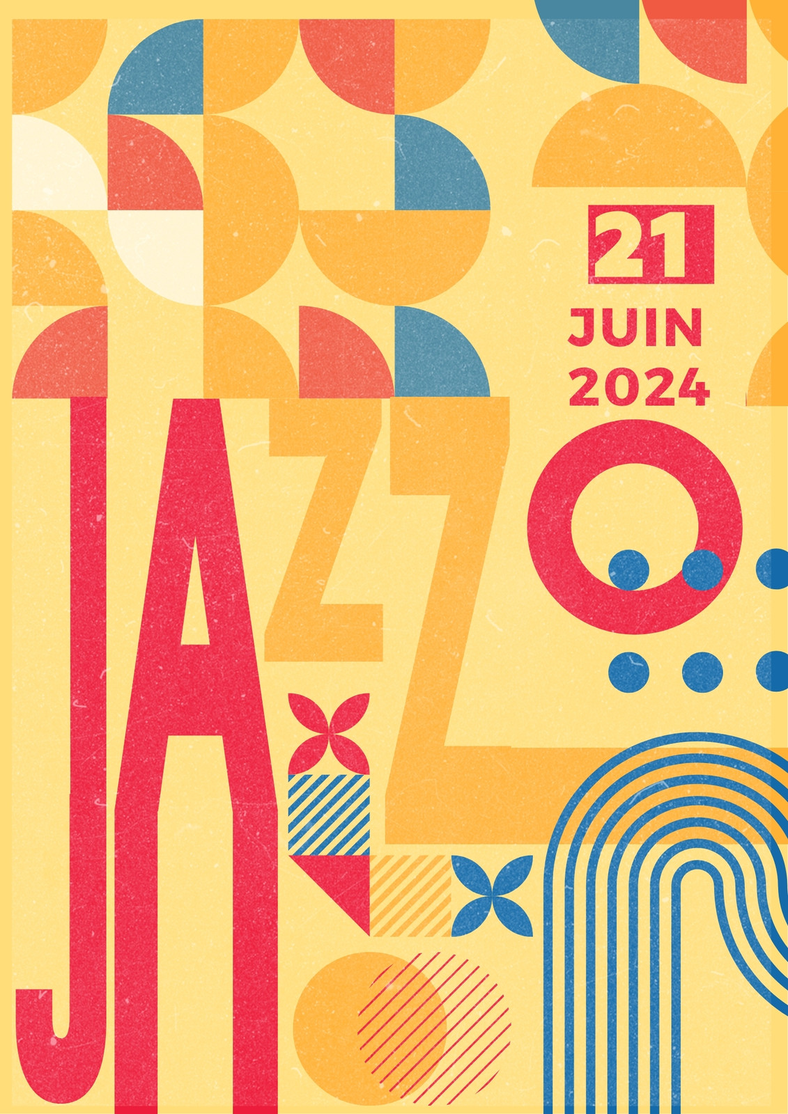 Affiche artistique d'un festival de jazz au design typographique Bauhaus en bleu et jaune