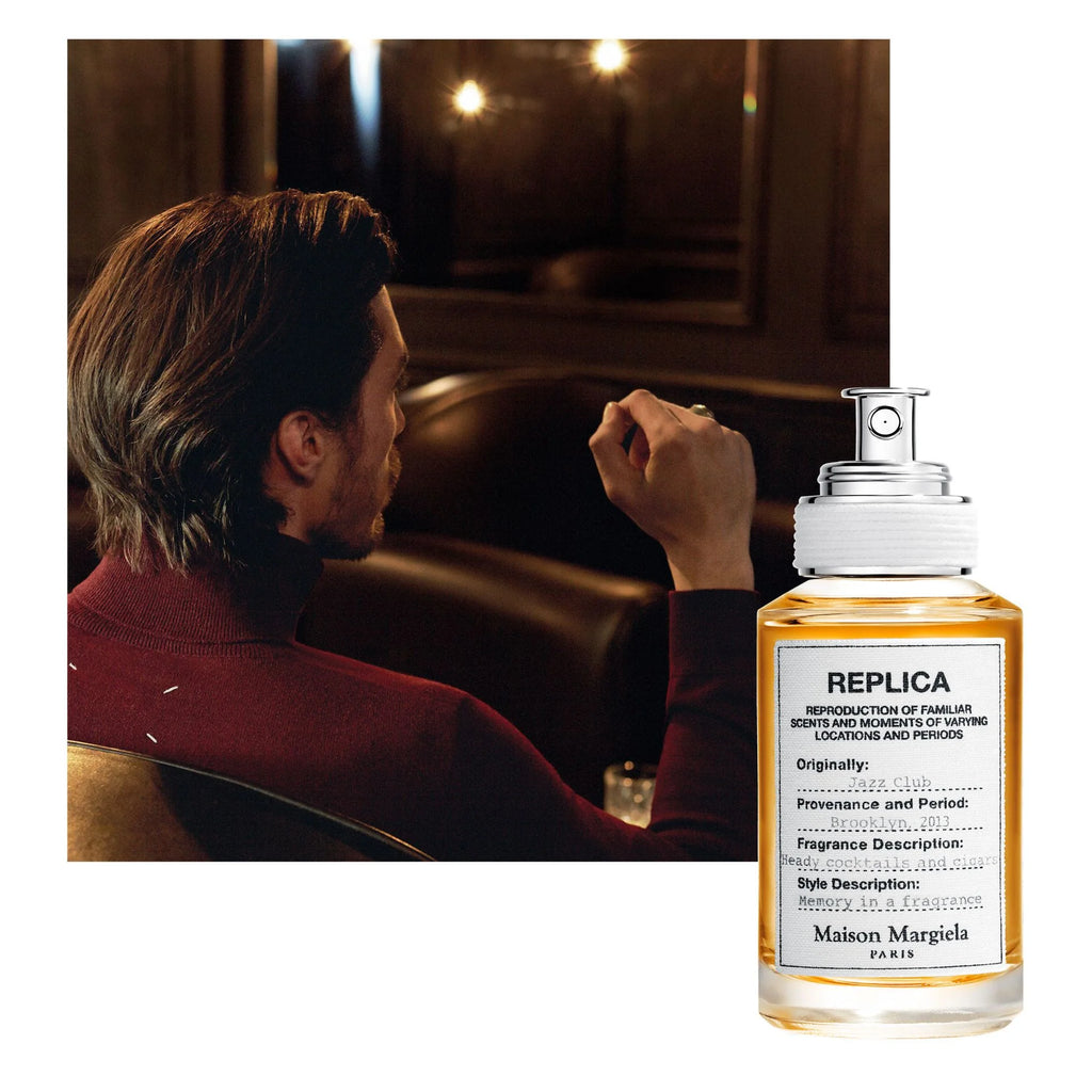 Flacon de parfum Maison Margiela Jazz Club posé élégamment dans une ambiance feutrée