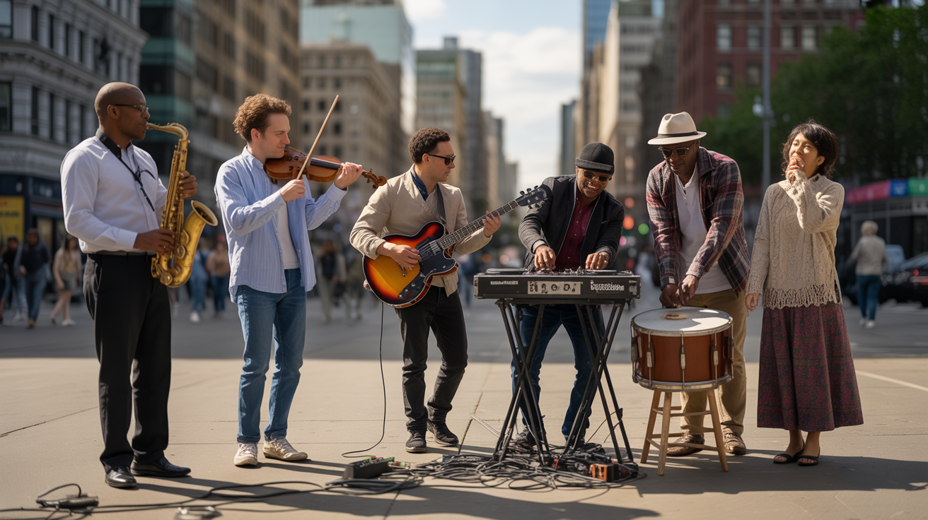 Scène de rue réaliste où des personnes de styles variés jouent de différents instruments, illustrant la diversité des genres musicaux.